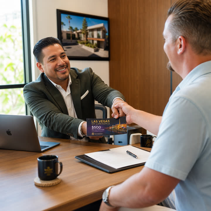 Coach handing a Las Vegas referral reward across the desk